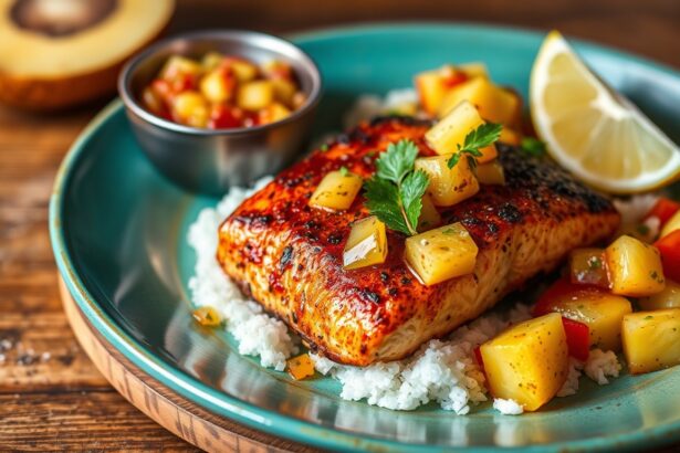 Spicy Jamaican Jerk salmon with sweet pineapple salsa, a vibrant dish.