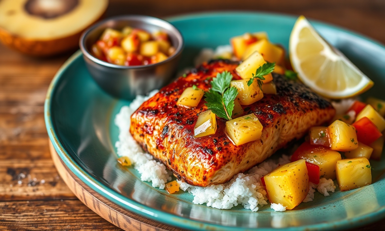 Spicy Jamaican Jerk salmon with sweet pineapple salsa, a vibrant dish.