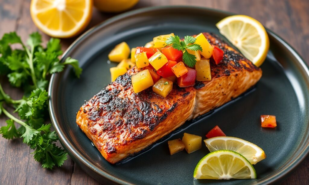 Delicious Jamaican Jerk salmon with vibrant pineapple salsa, a tropical feast.