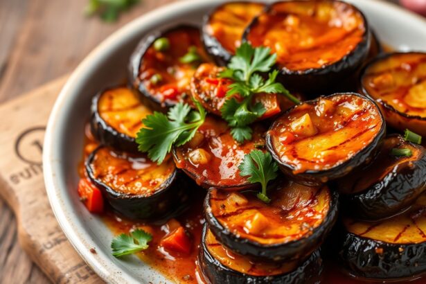 Savory eggplant in spicy garlic sauce, a fiery delight.
