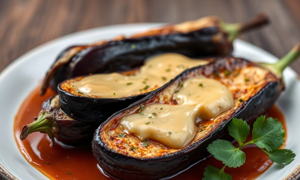 Savory eggplant in spicy garlic sauce: Fiery, flavorful delight.