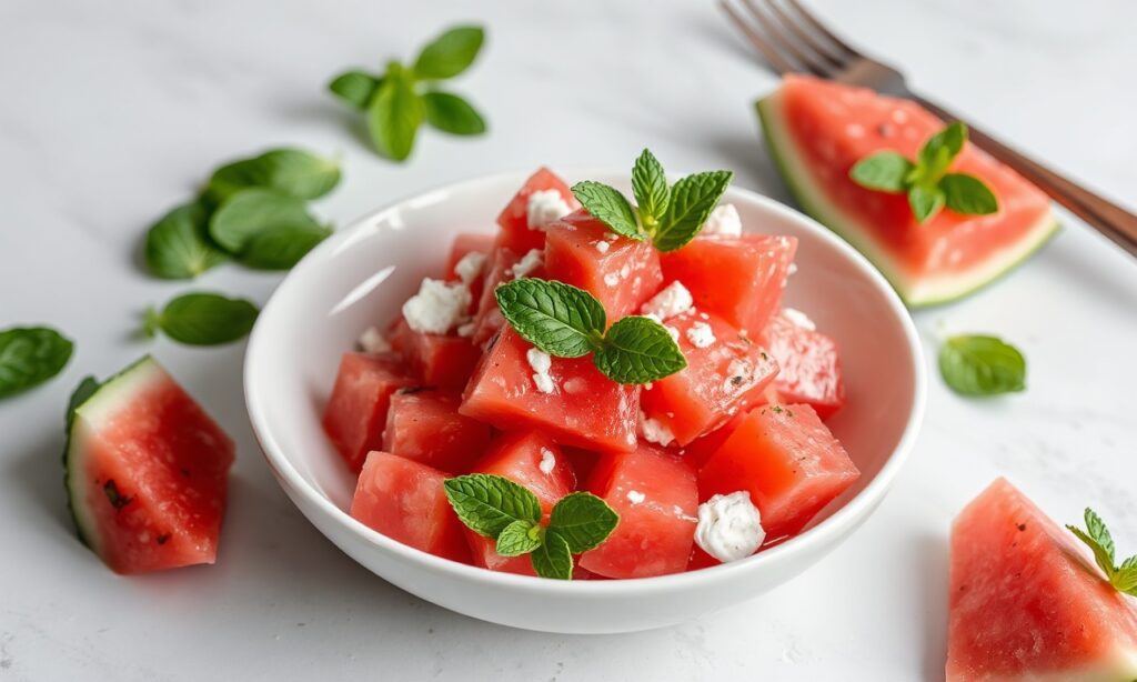 Perfect Refreshing watermelon salad with feta and mint, ideal for summer.