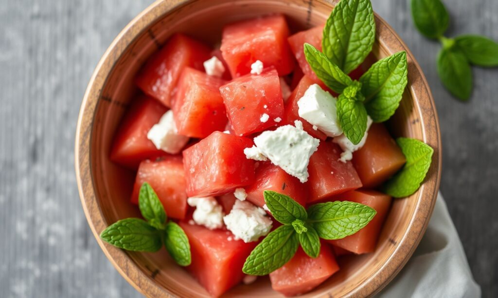 Perfect refreshing watermelon feta mint salad on a hot summer day.