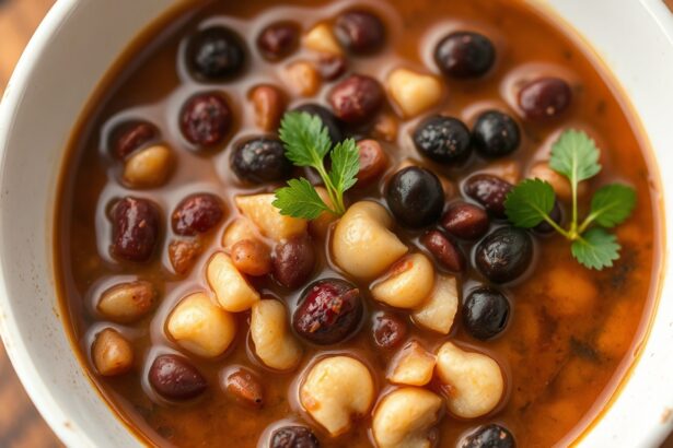 Rich hearty black bean and hominy stew recipe.