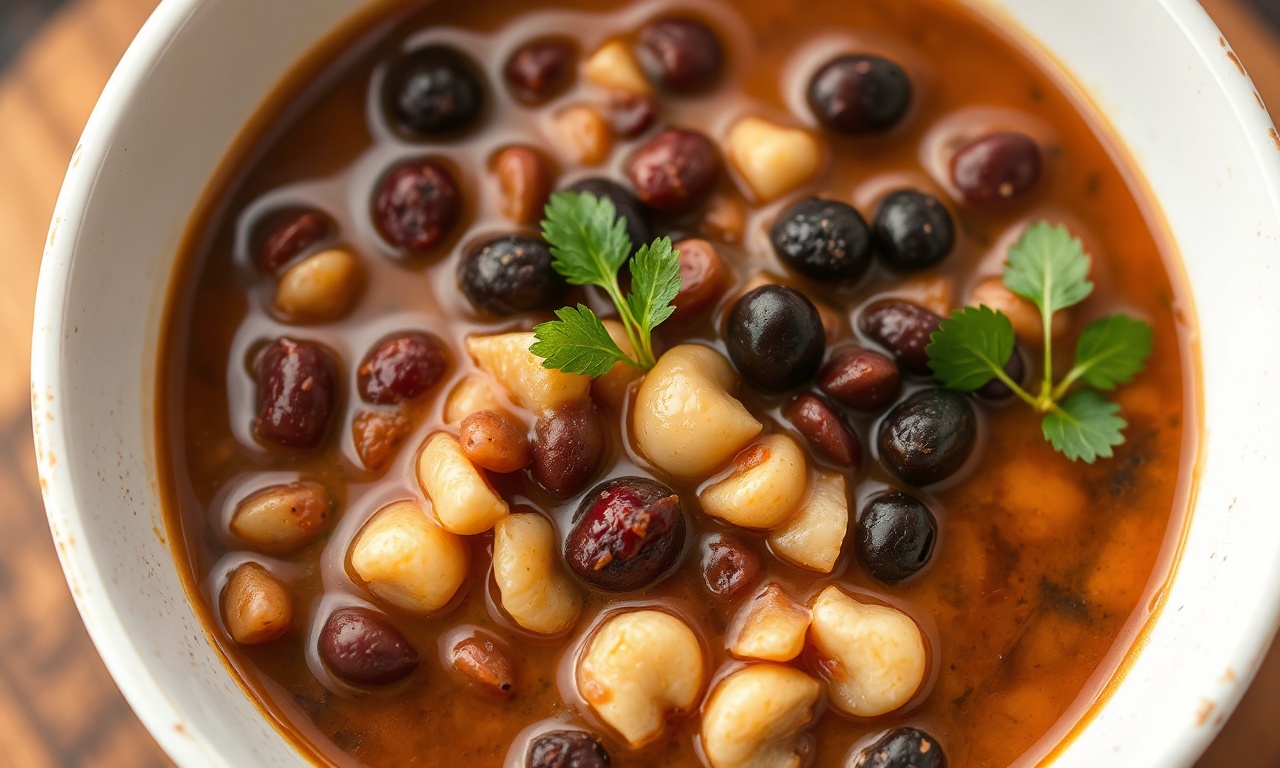 Rich hearty black bean and hominy stew recipe.