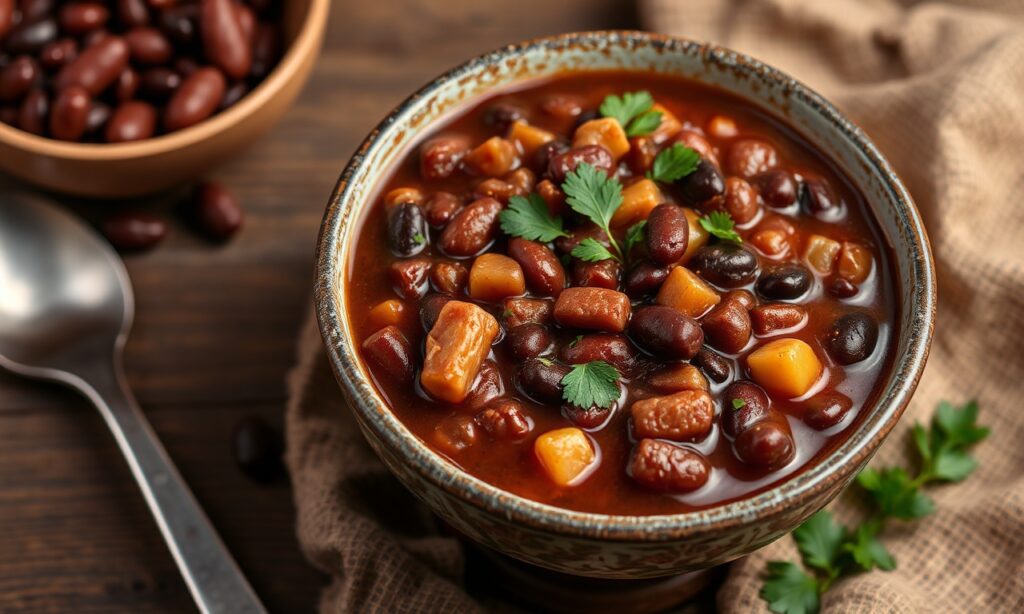 Rich hearty black bean hominy stew recipe for soulful cravings.