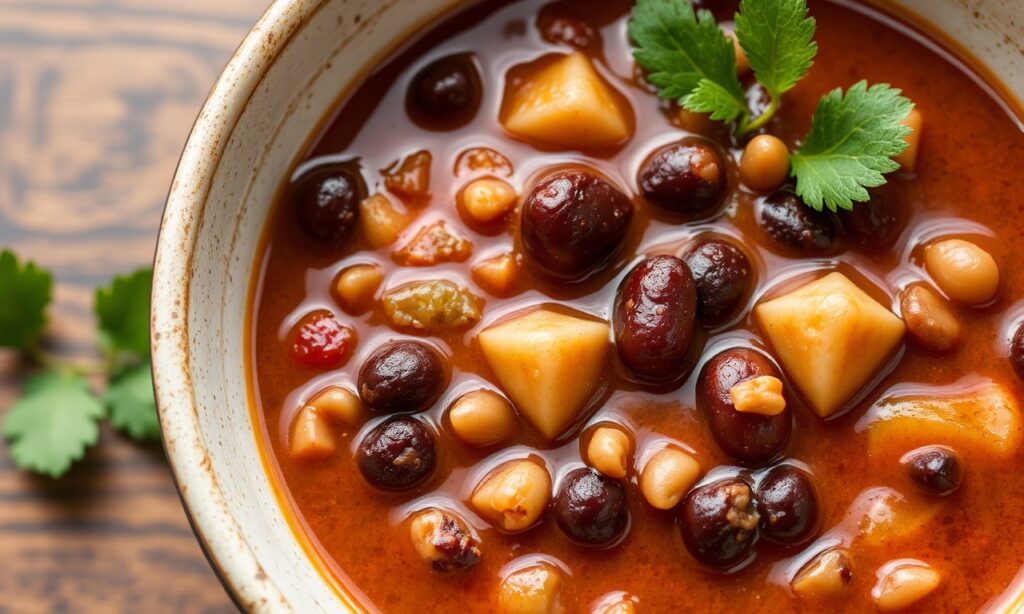 Rich hearty black bean hominy stew, warming and satisfying.