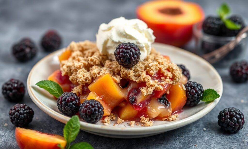 Make Fresh peach blackberry crumble dessert recipe.