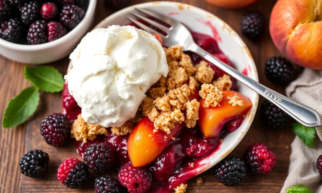 Make fresh peach blackberry crumble, juicy fruit dessert.