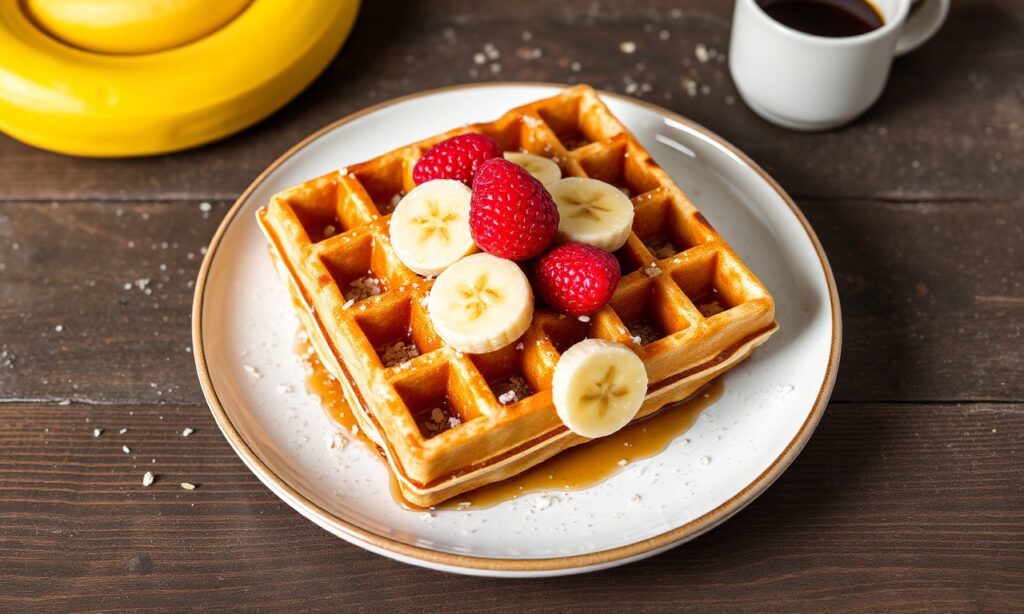 Irresistible fluffy gluten-free oat waffles with sweet banana bliss.