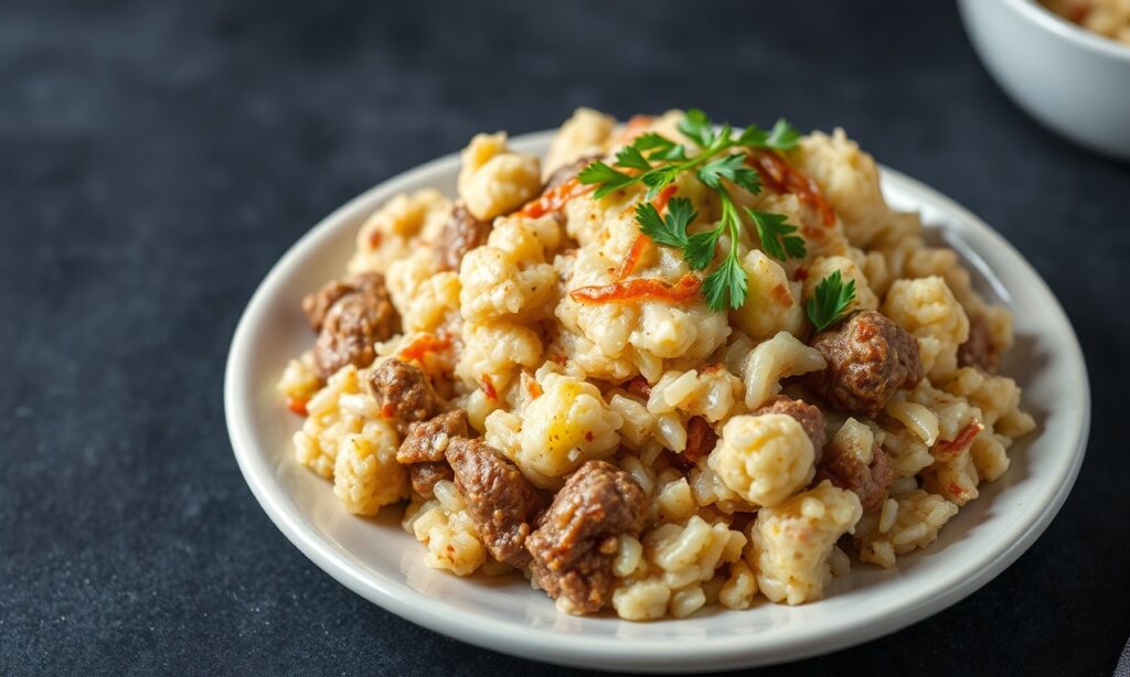 Delicious creamy ground beef cauliflower rice casserole.