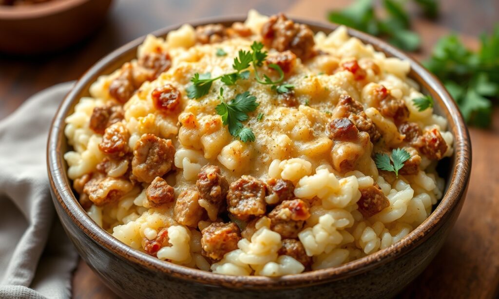 Delicious creamy ground beef cauliflower rice casserole recipe.