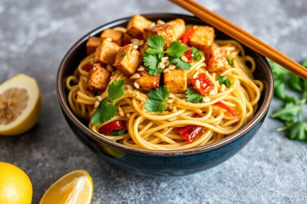 Spicy peanut tofu noodle salad, bold and zesty.