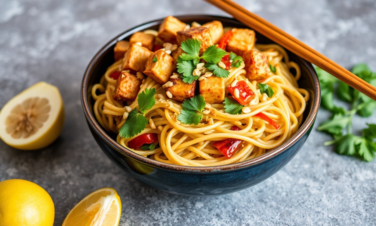 Spicy peanut tofu noodle salad, bold and zesty.