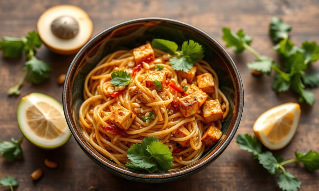 Spicy peanut tofu noodle salad: bold, zesty, and satisfying.