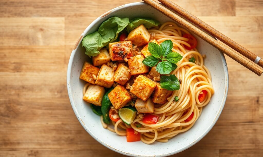 Spicy peanut tofu noodle salad: bold, zesty, flavor-packed.