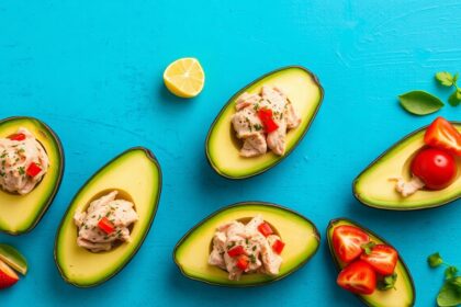 Healthy tuna stuffed avocados, a delicious classic snack.