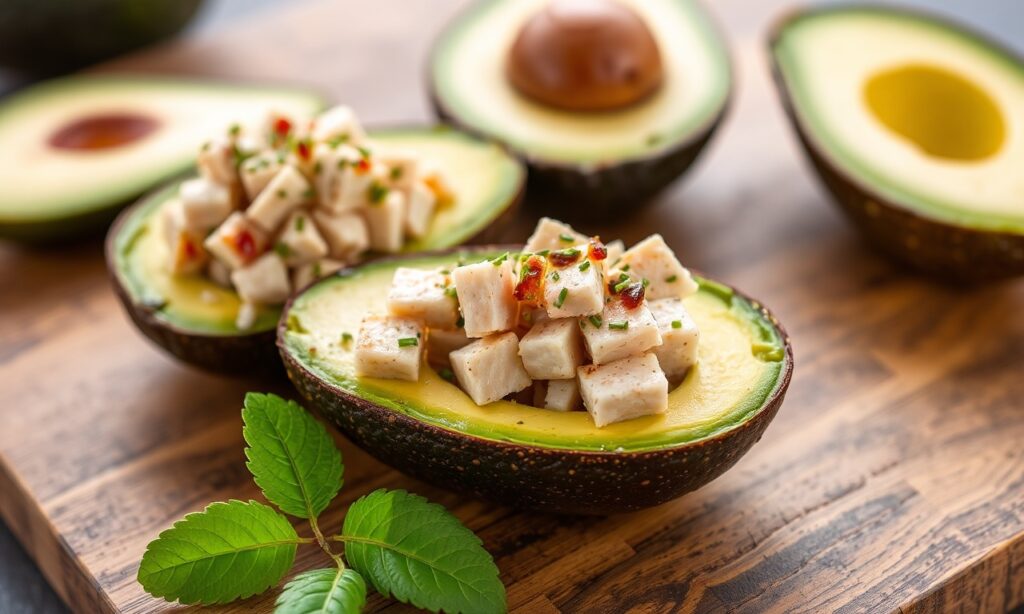 Delicious tuna stuffed avocados, a healthy and classic snack.