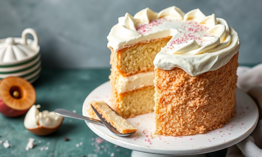 Fluffy pandan chiffon cake with lush coconut cream frosting.