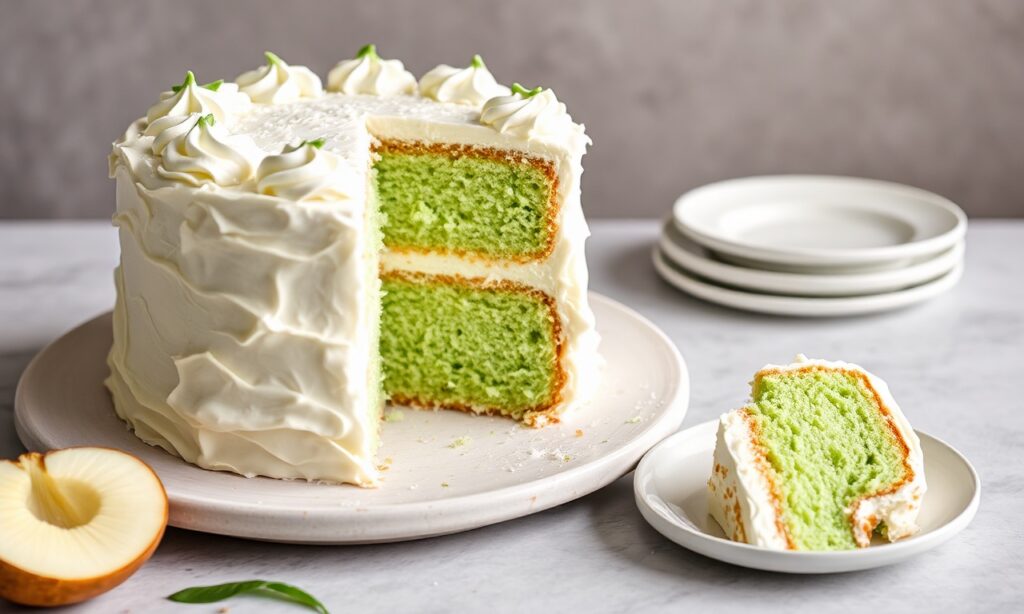 Fluffy pandan chiffon cake with luscious coconut cream frosting.