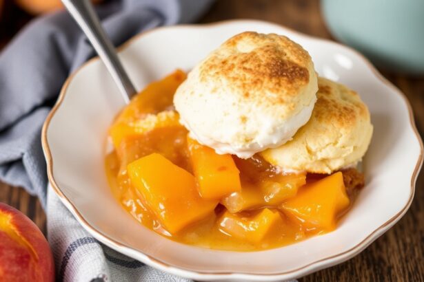 Timeless Southern peach cobbler with fluffy biscuit topping.