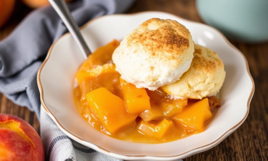 Timeless Southern peach cobbler with fluffy biscuit topping.
