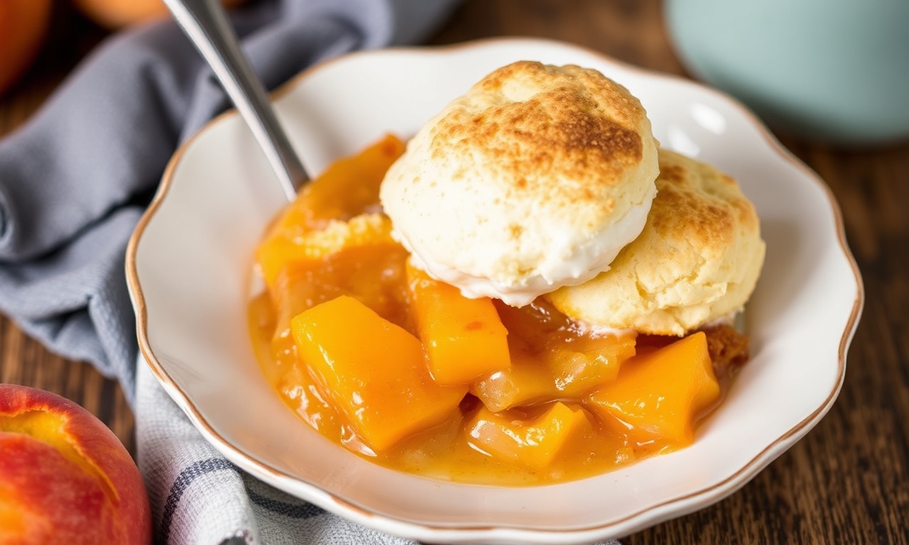 Timeless Southern peach cobbler with fluffy biscuit topping.