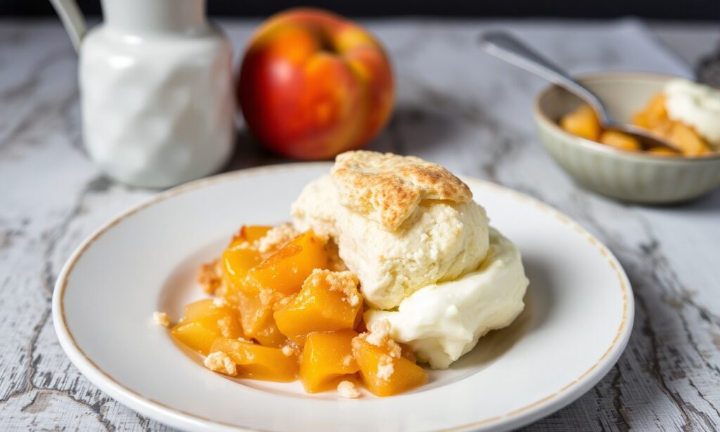 Timeless Southern peach cobbler: sweet, fluffy, delicious.