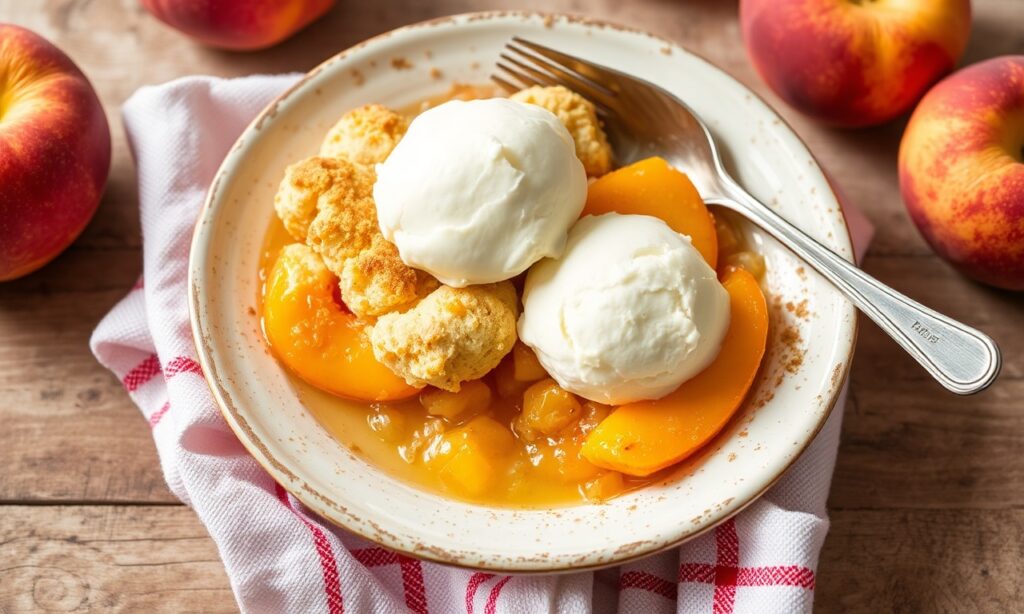 Timeless Southern peach cobbler with fluffy biscuit topping, a classic.