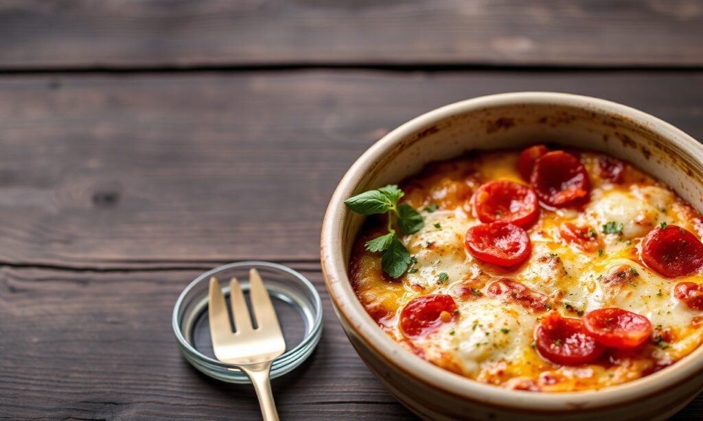 Delicious Pizza Bowl: low-carb comfort, warm, melty pizza satisfaction.
