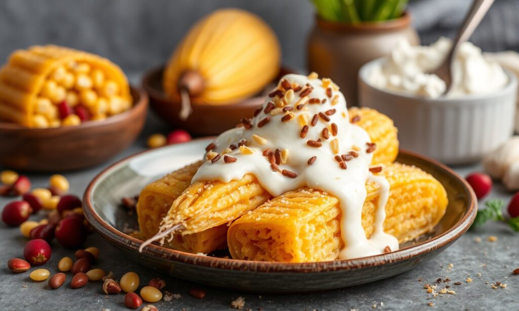 Delicious corn tamales with sweet cream drizzle recipe.