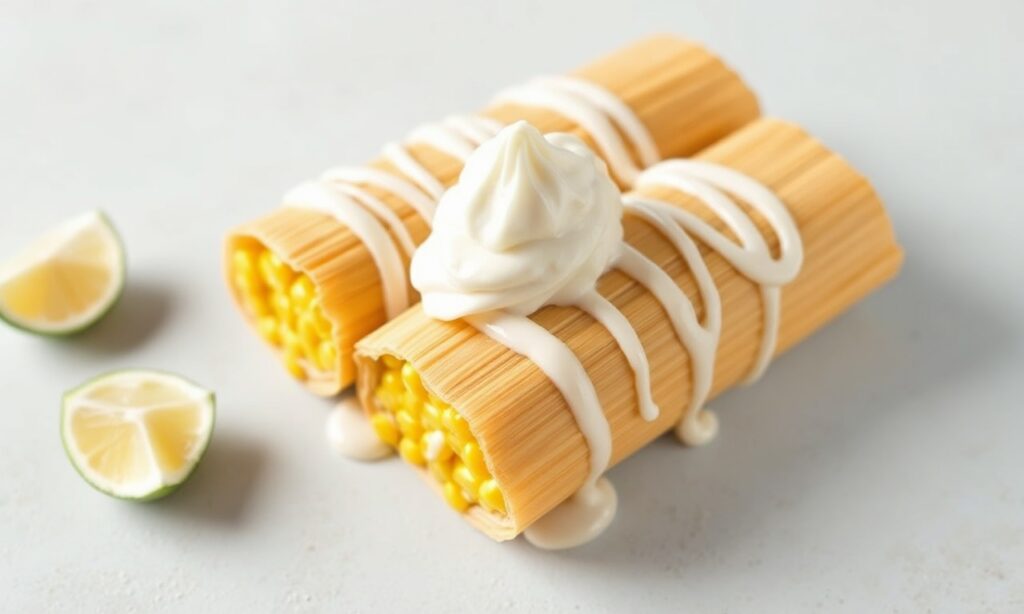 Sweet corn tamales with cream drizzle recipe.