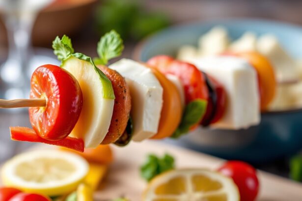 Colorful antipasto skewers with cheese and olives.