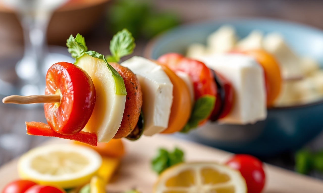 Colorful antipasto skewers with cheese and olives.