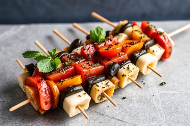 Colorful antipasto skewers with cheese and olives.