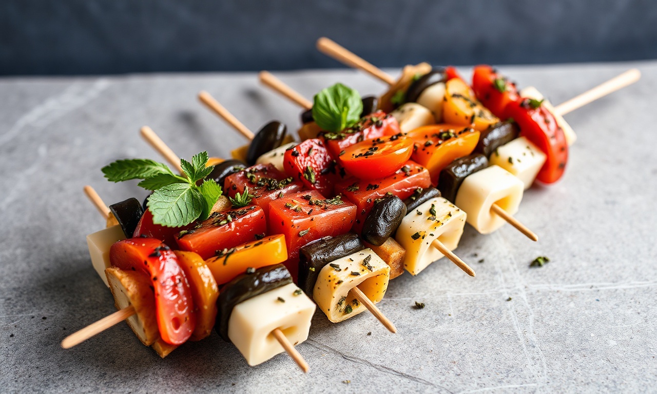 Colorful antipasto skewers with cheese and olives.