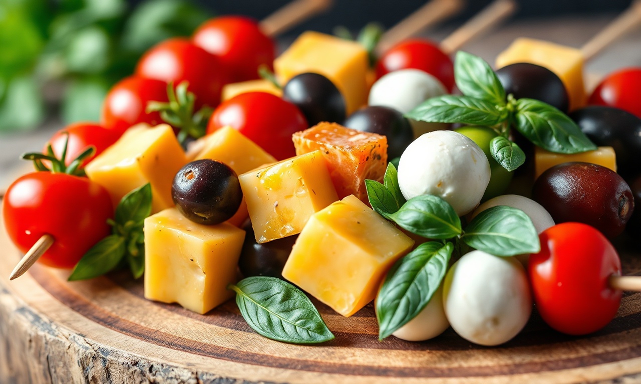 A visually appealing close-up of colorful antipasto skewers arranged artfully on a