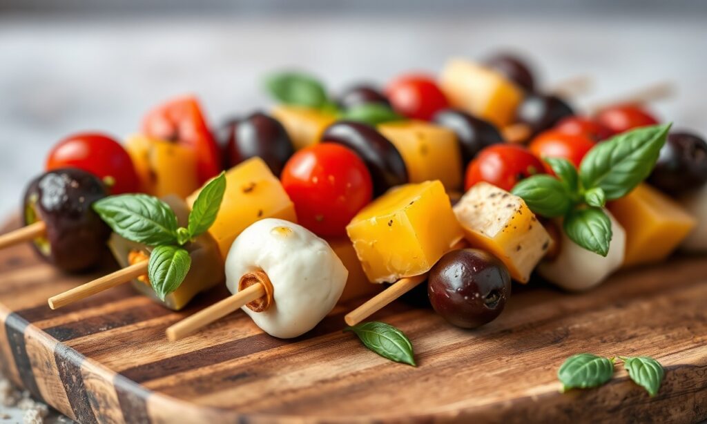 Colorful antipasto skewers with cheese, olives, and roasted peppers