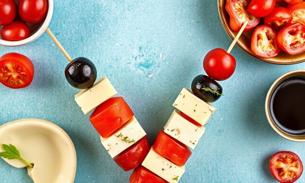 Colorful antipasto skewers: cheese, olives, and vibrant flavors on your table.