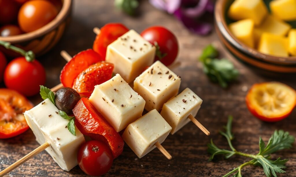 Colorful antipasto skewers: cheese, olives, vibrant flavors, Italian appetizer.