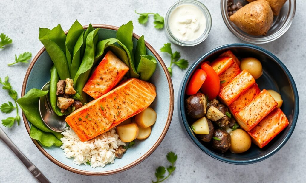 Wholesome salmon and sweet potato meal prep bowls for a healthy week.