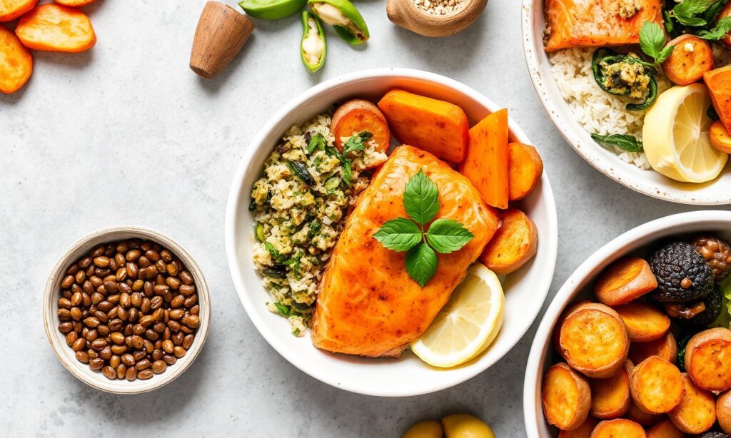 Wholesome salmon and sweet potato meal prep bowls for healthy eating.