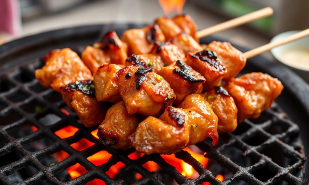 Master Authentic Chinese BBQ chicken skewers sizzling on grill.