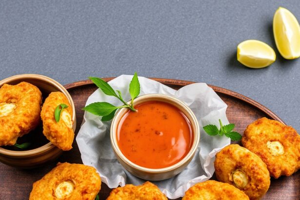 Crispy split pea fritters with tangy tamarind dip.