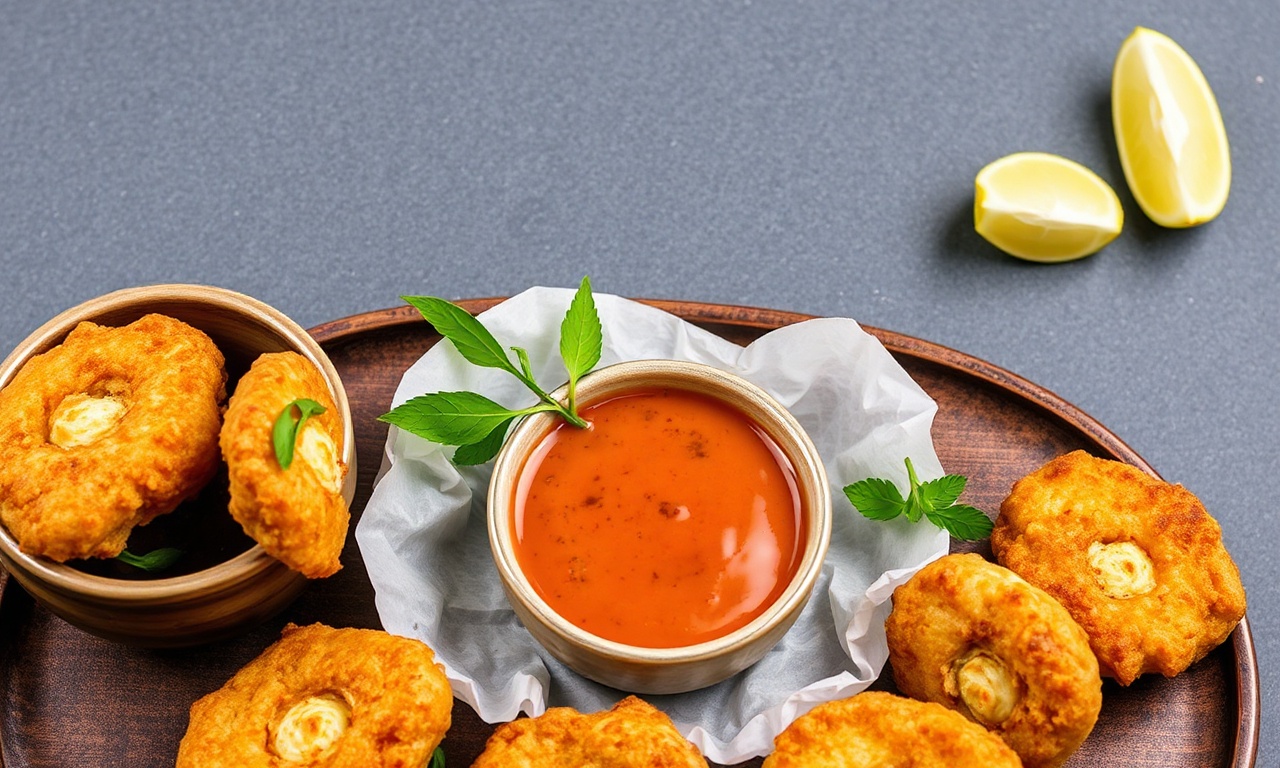 Crispy split pea fritters with tangy tamarind dip.