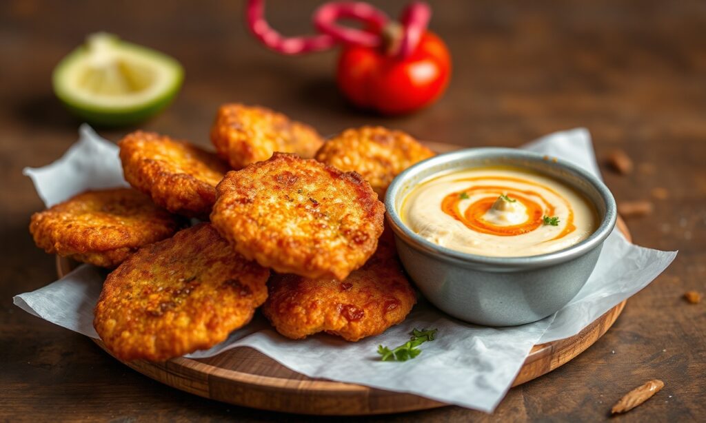 Crispy split pea fritters with tangy tamarind dip.