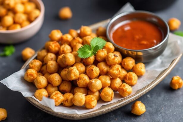 Crunchy Harissa chickpeas, air-fried to perfection for a spicy snack.