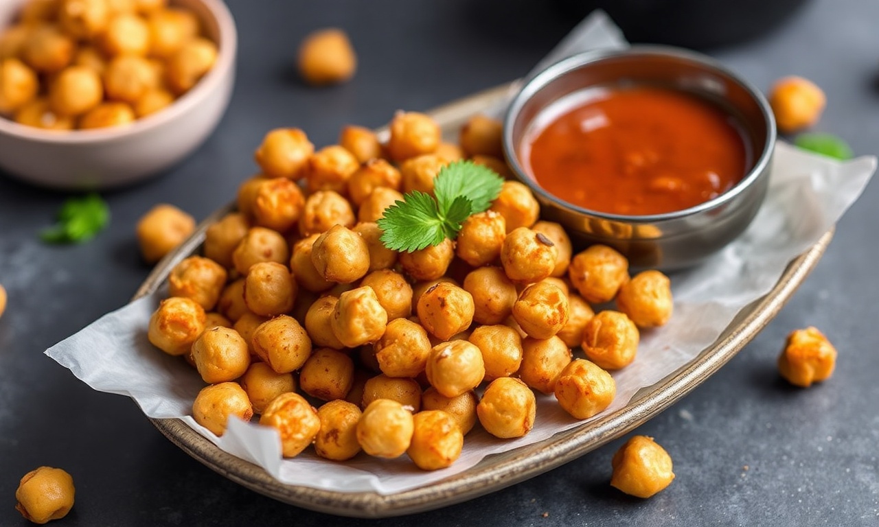 Crunchy Harissa chickpeas, air-fried to perfection for a spicy snack.