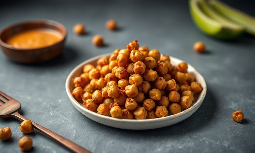 Crunchy harissa chickpeas in air fryer: a healthful, sensational snack.
