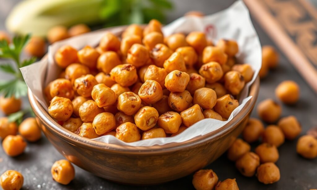 Crunchy harissa chickpeas, air-fried to perfection for a flavorful snack.